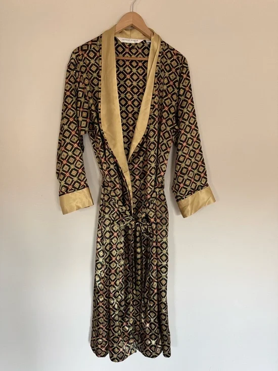 Vintage Victoria's Secret Satin Robe Women’s Black Geometric with Gold Trim Sz M - Picture 1 of 3